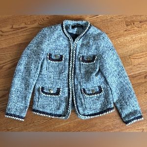 Zara Basic Tweed Jacket GORGEOUS Chanel Vibes Sz M Navy/White Gold Buttons EUC